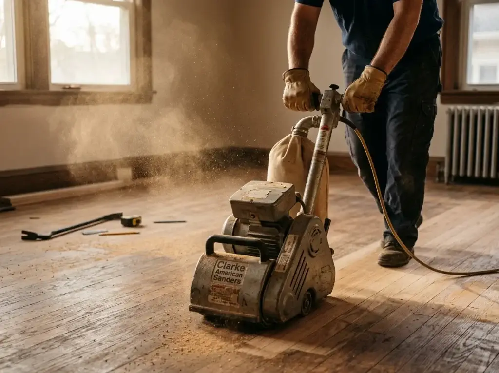 Handyman sanding a hardwood floor with an orbital floor sander