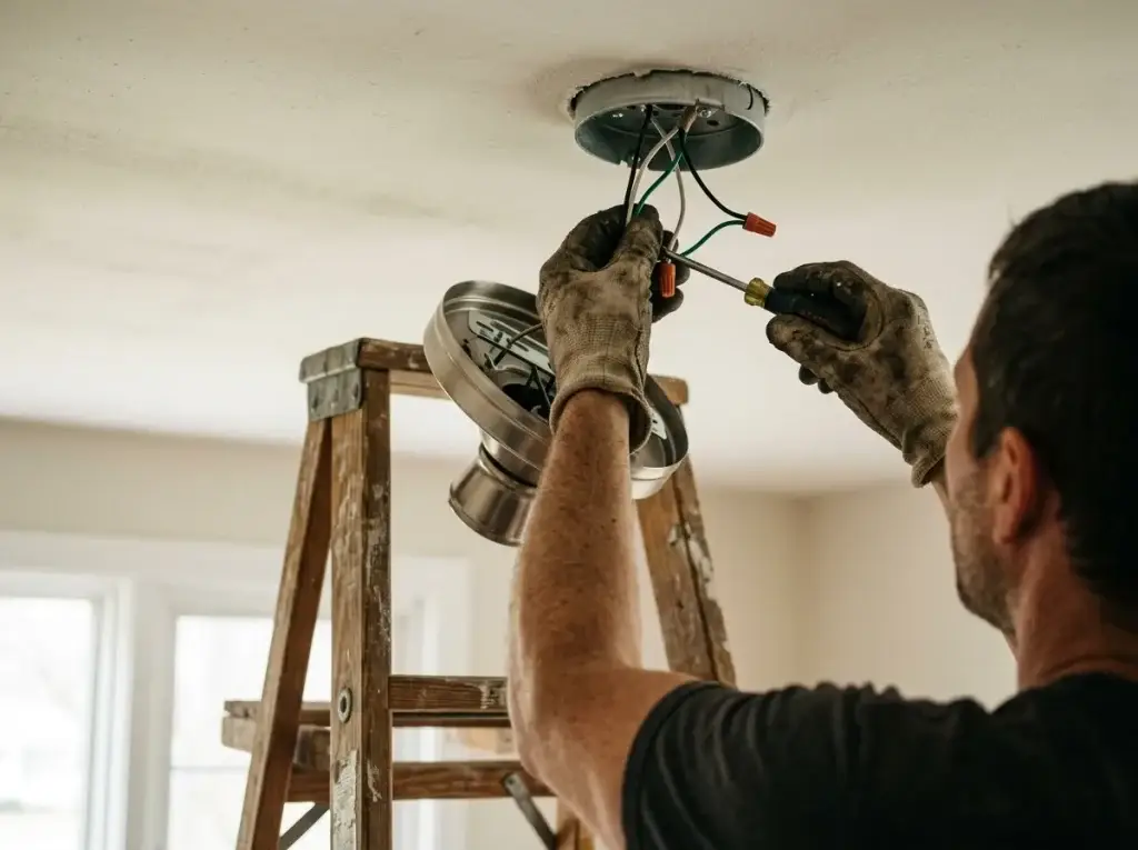 Handyman wiring a ceiling light fixture from a step ladder