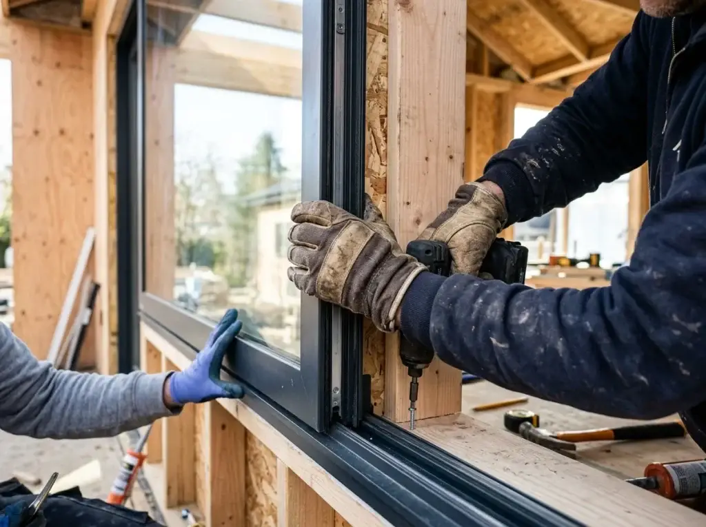 Handyman fitting a sliding patio door panel into its track