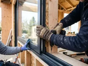 Handyman fitting a sliding patio door panel into its track