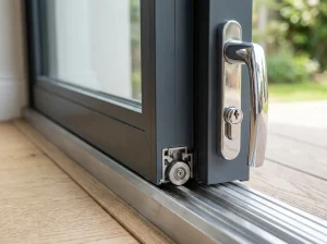 Close-up of a patio door roller and weather seal along the frame