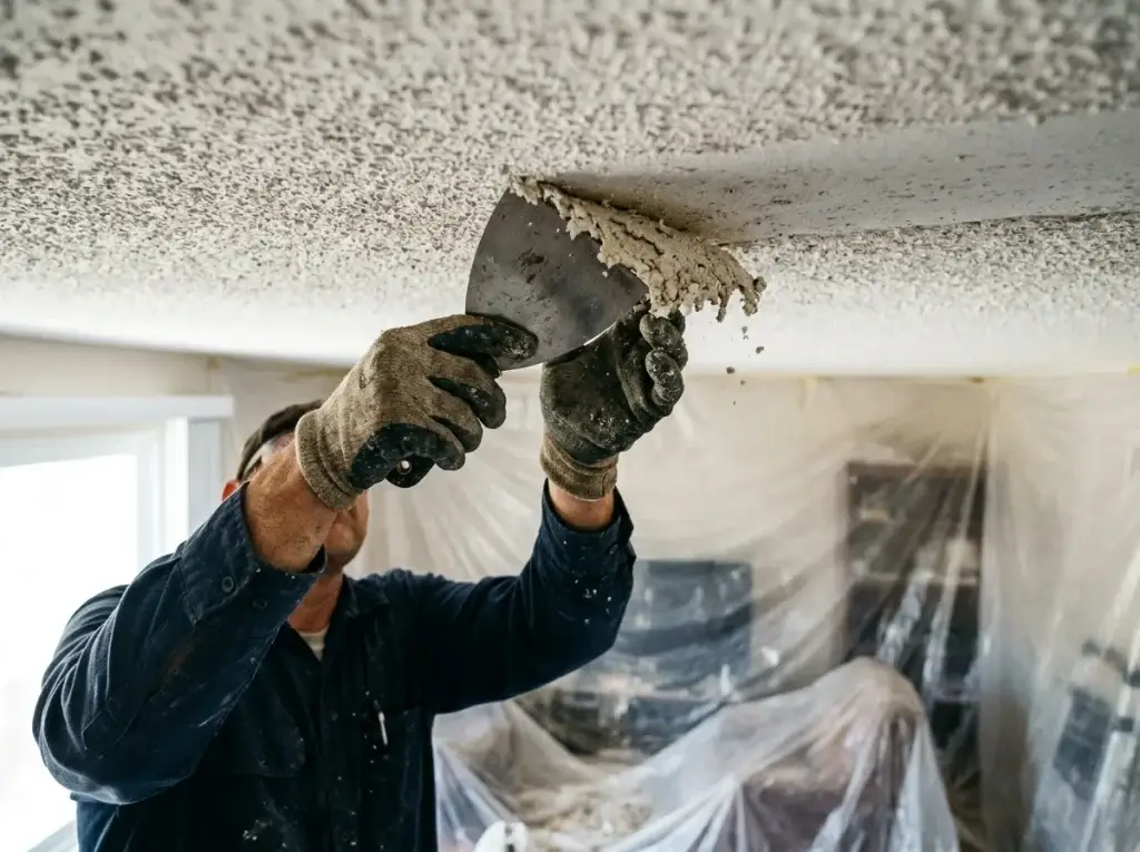 Handyman scraping textured popcorn ceiling material off a ceiling