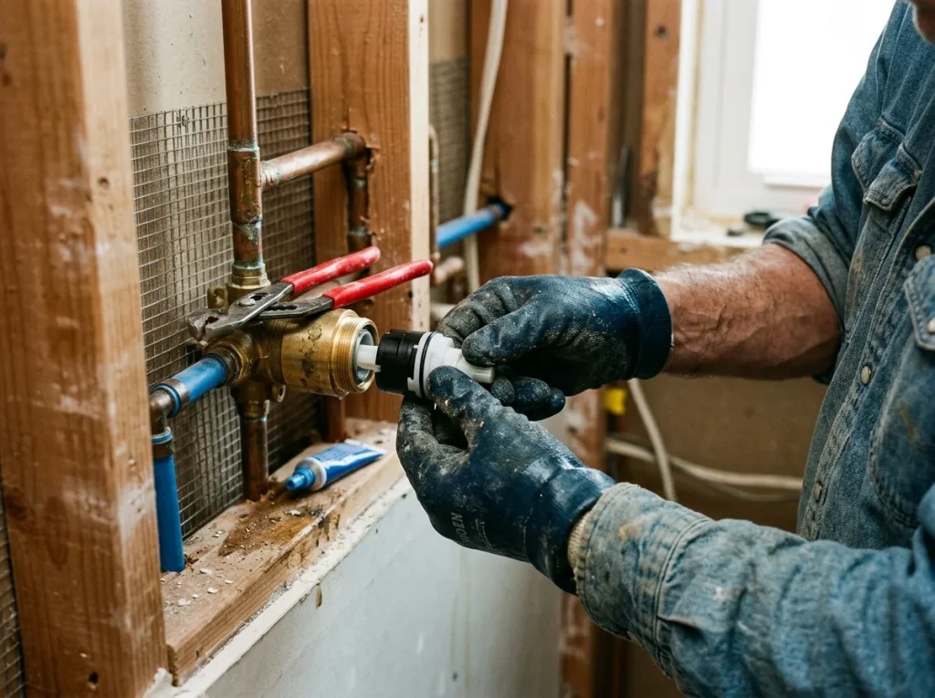 Handyman replacing a shower valve cartridge behind the wall plate