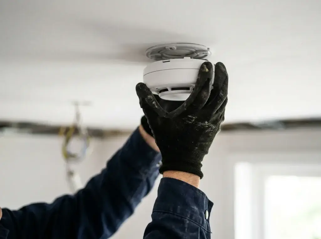 Handyman mounting a smoke detector to the ceiling with a drill