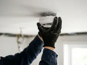 Handyman mounting a smoke detector to the ceiling with a drill