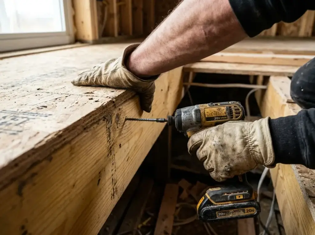 Handyman driving a screw to secure a squeaky subfloor joist