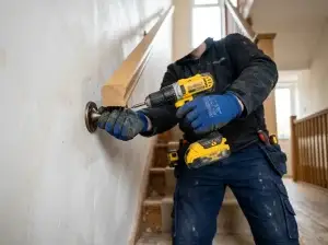 Handyman fastening a wooden stair railing post to the staircase