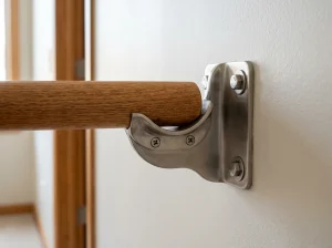 Close-up of a baluster bracket secured to a stair handrail