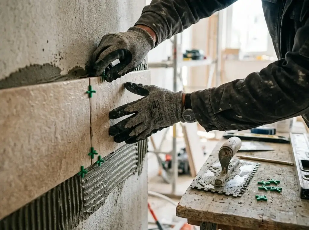 Handyman setting ceramic tiles into mortar with a notched trowel