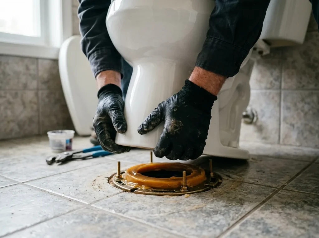 Handyman bolting a new toilet to the bathroom floor flange