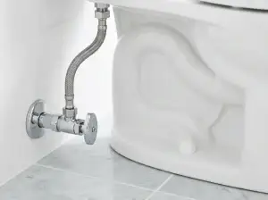 Close-up of a toilet base sealed with a wax ring and bolts