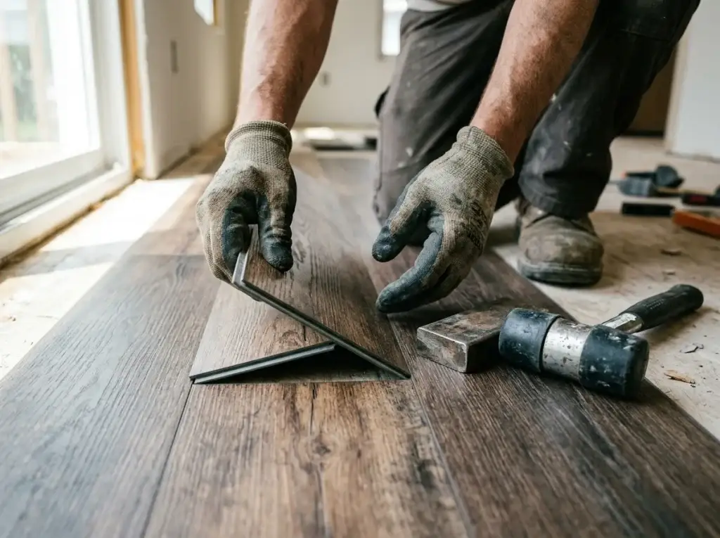 Handyman clicking vinyl plank flooring together across a subfloor