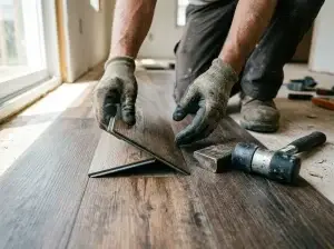 Handyman clicking vinyl plank flooring together across a subfloor