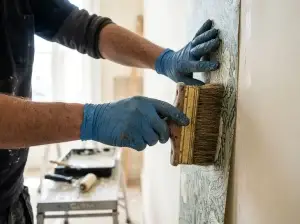 Handyman smoothing a strip of wallpaper onto the wall with a brush