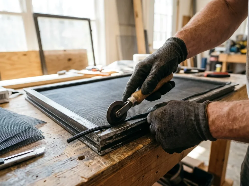 Handyman pressing new mesh into a window screen frame with a roller