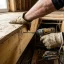 Handyman driving a screw to secure a squeaky subfloor joist
